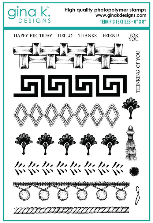 Gina K. Designs - Stamp Set - Terrific Textiles. Terrific Textiles is a stamp set by Melanie Munchinger. This set is made of premium clear photopolymer and measures 6" X 8". Made in the USA. Available at Embellish Away located in Bowmanville Ontario Canada.