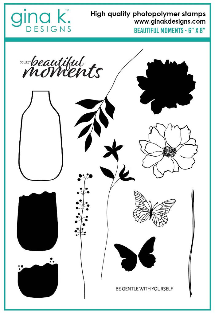 Gina K. Designs - Stamps & Die Set - Beautiful Moments. Beautiful Moments is a stamp & Die  set by Gina K Designs. This a stamp is made of premium clear photopolymer and measures 6" X 8". Available at Embellish Away located in Bowmanville Ontario Canada.