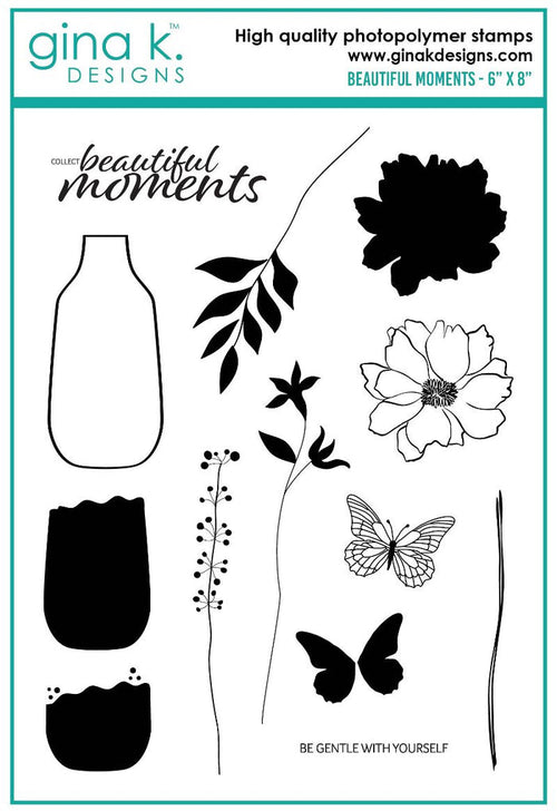Gina K. Designs - Stamps & Die Set - Beautiful Moments. Beautiful Moments is a stamp & Die  set by Gina K Designs. This a stamp is made of premium clear photopolymer and measures 6" X 8". Available at Embellish Away located in Bowmanville Ontario Canada.