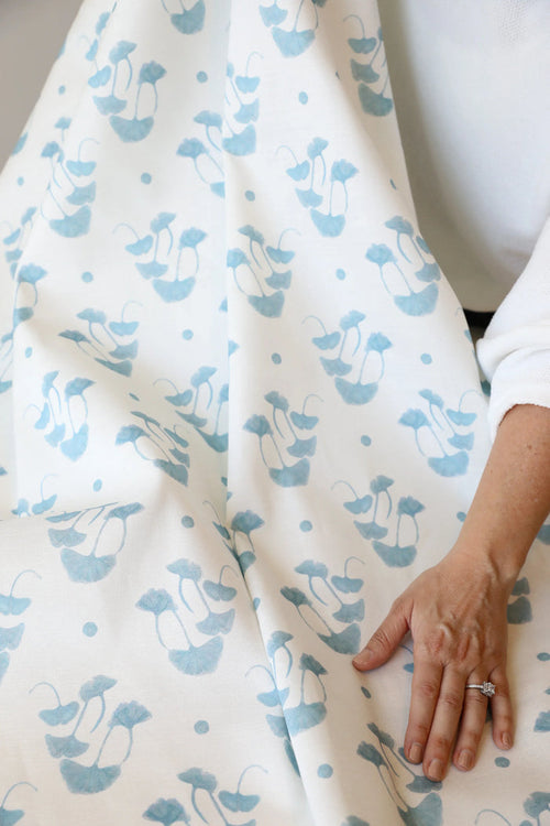 Ginkgo Colonial Blue Luxury Fabric by the Yard