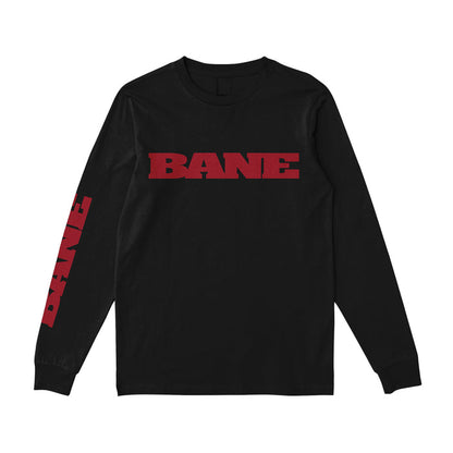A black long-sleeve Bane shirt with bold red BANE lettering across the chest and down the right sleeve—a standout branded piece from Bane.