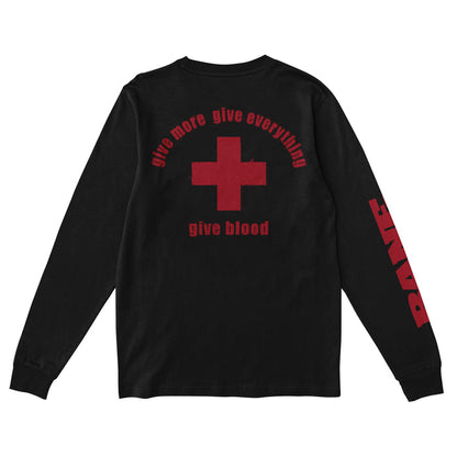 Bane black long-sleeve Comfort Colors shirt with a large red cross and “give more give everything” plus “give blood” on the back. The right sleeve features bold red “PAIN” text, making this standout printed apparel.