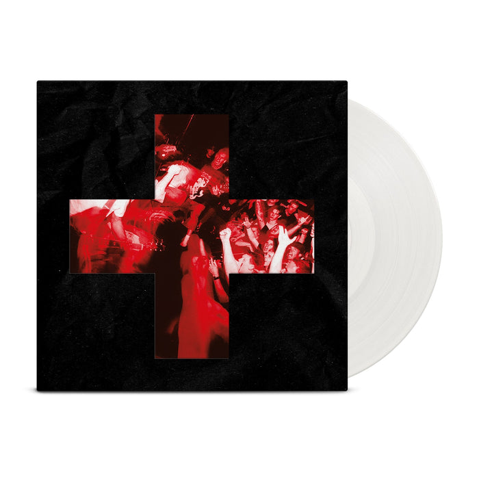 A Bane Give Blood Deluxe Edition vinyl, limited to 800, features an opaque white record and a cover with a red-tinted concert crowd in a plus sign shape on black.