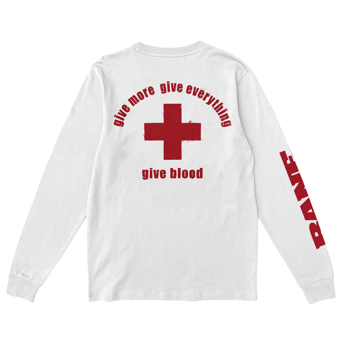 Back of long sleeve white shirt with a red cross symbol and text that read GIVE MORE GIVE EVERYTHING GIVE BLOOD.