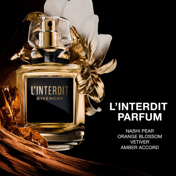 Givenchy L'Interdit Parfum Eau de Parfum 80ml bottle with elegant packaging and floral accents, showcasing luxury beauty fragrance.