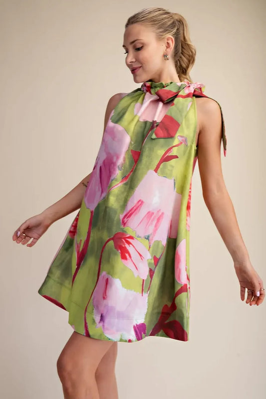 Glam Floral Ruffle Neck Tie Mini Dress