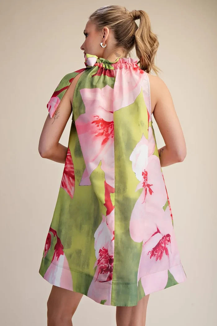 Glam Floral Ruffle Neck Tie Mini Dress