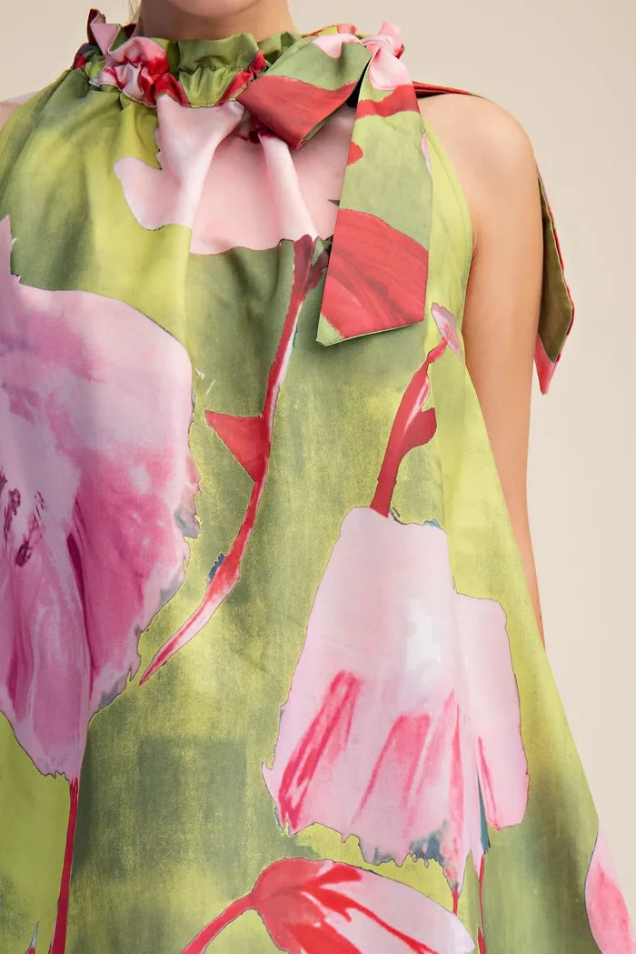 Glam Floral Ruffle Neck Tie Mini Dress