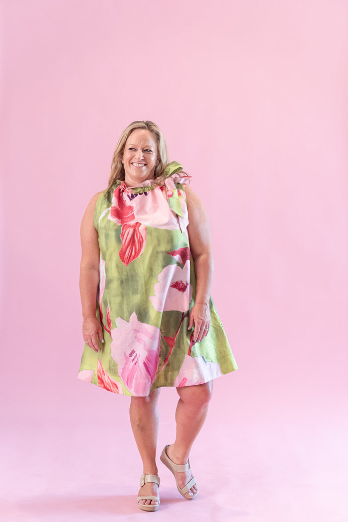Glam Floral Ruffle Neck Tie Mini Dress