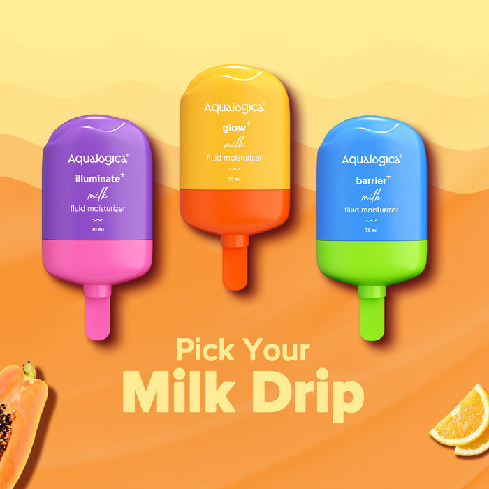 Milk Drip range with colorful Aqualogica fluid moisturizers