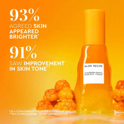 Glow Recipe Cloudberry Bright Essence Toner 75ml bottle, brightening skincare product with a clear, sleek design and vibrant label.