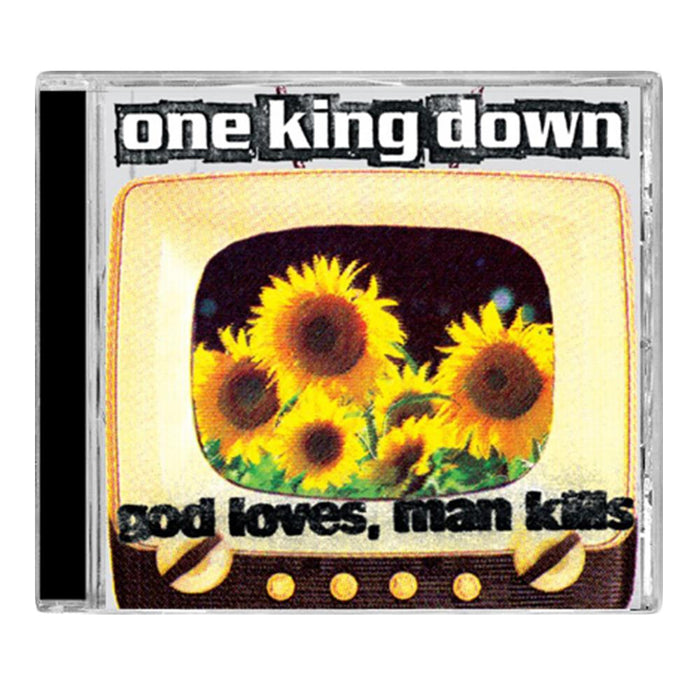 CD cover for One King Down’s “God Loves, Man Kills,” inspired by the X-Men graphic novel, features an old TV with vivid yellow sunflowers and bold album and band name text above and below the image. Brand: One King Down.