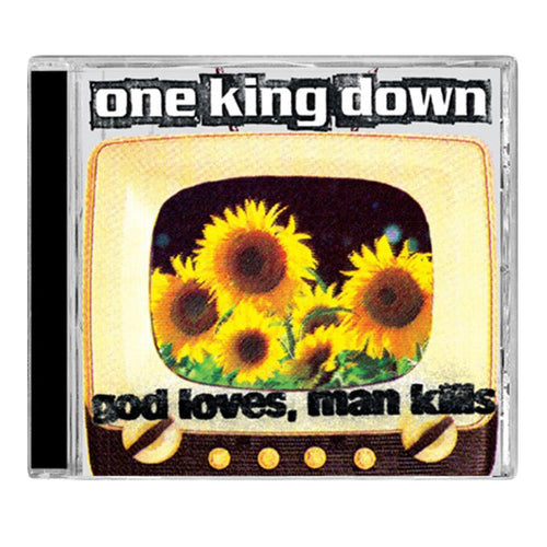 CD cover for One King Down’s “God Loves, Man Kills,” inspired by the X-Men graphic novel, features an old TV with vivid yellow sunflowers and bold album and band name text above and below the image. Brand: One King Down.