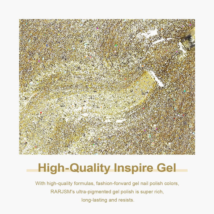RARJSM ®Gold Metallic Light Rainbow Shimmer Glitter Gel Nail Polish