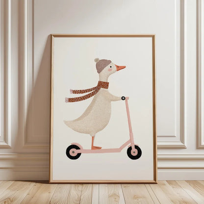 Goose on scooter nursery print, whimsical animal illustration wall art for girl nursery decor. Printable digital download featuring a playful goose design, perfect for baby girl nursery, playroom decor, toddler room, and kids bedroom wall art. Available in multiple sizes for easy home printing, ideal for baby shower gifts and nursery wall decor.