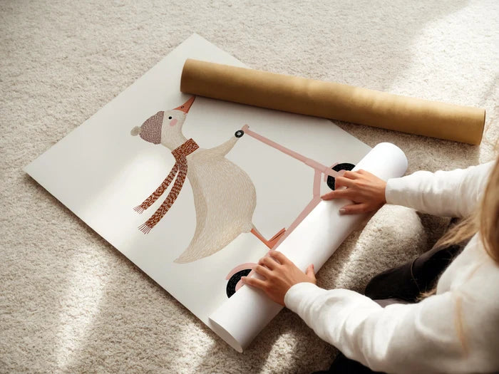 Goose on scooter nursery print, whimsical animal illustration wall art for girl nursery decor. Printable digital download featuring a playful goose design, perfect for baby girl nursery, playroom decor, toddler room, and kids bedroom wall art. Available in multiple sizes for easy home printing, ideal for baby shower gifts and nursery wall decor.