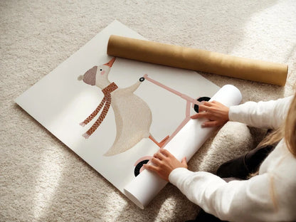 Goose on scooter nursery print, whimsical animal illustration wall art for girl nursery decor. Printable digital download featuring a playful goose design, perfect for baby girl nursery, playroom decor, toddler room, and kids bedroom wall art. Available in multiple sizes for easy home printing, ideal for baby shower gifts and nursery wall decor.