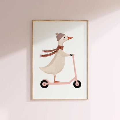 Goose on scooter nursery print, whimsical animal illustration wall art for girl nursery decor. Printable digital download featuring a playful goose design, perfect for baby girl nursery, playroom decor, toddler room, and kids bedroom wall art. Available in multiple sizes for easy home printing, ideal for baby shower gifts and nursery wall decor.