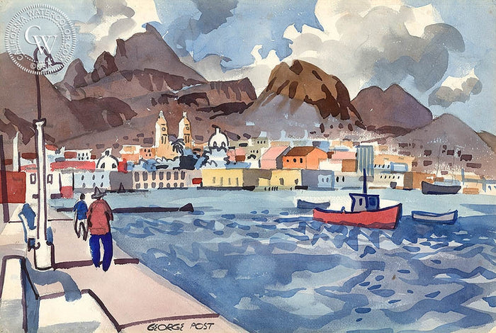 Guaymas, Mexico, 1957, watercolor painting by George Post (American art). Fine art giclée print reproduction by California Watercolor for wall decor.