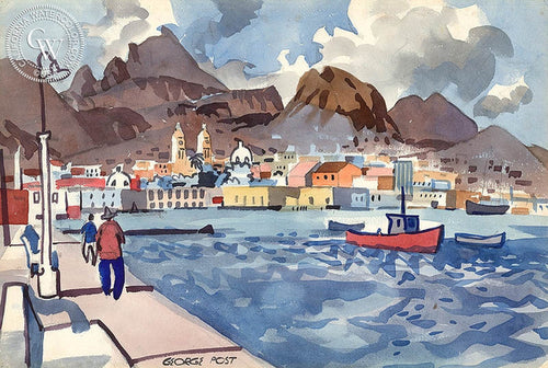 Guaymas, Mexico, 1957, watercolor painting by George Post (American art). Fine art giclée print reproduction by California Watercolor for wall decor.