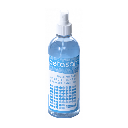 B100 Betasan Hand Sanitizer Spray | A 500ml bottle of Betasan Multipurpose Antibacterial Hand & Surface Sanitizer with a white spray cap, containing a light blue liquid, set against a plain white background.