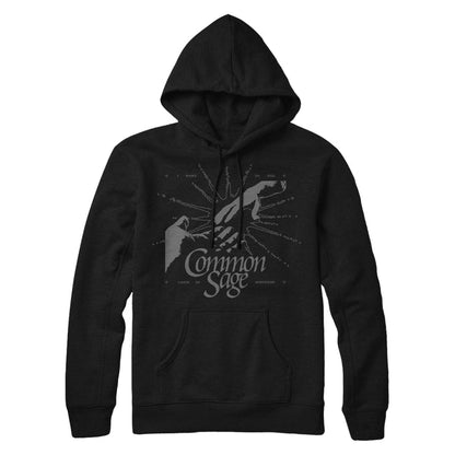 This black hoodie has two hands reaching out to touch each other surrounded by a sketch of a white light. The words "Common Sage" are near the center of the hoodie.
