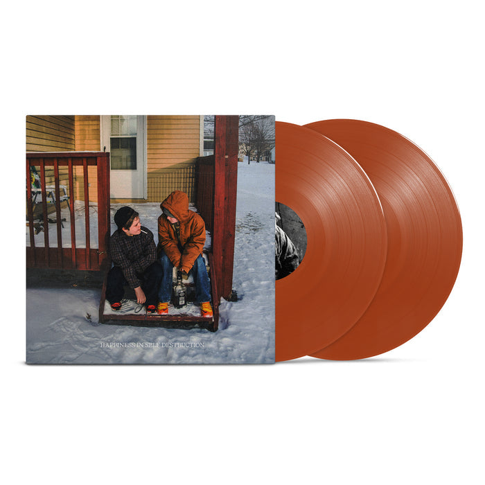 Two brown vinyl records from The Plot In You's "Happiness In Self Destruction" are placed next to an album cover featuring two people on a snowy porch and a terracotta-yellow house in the background.
