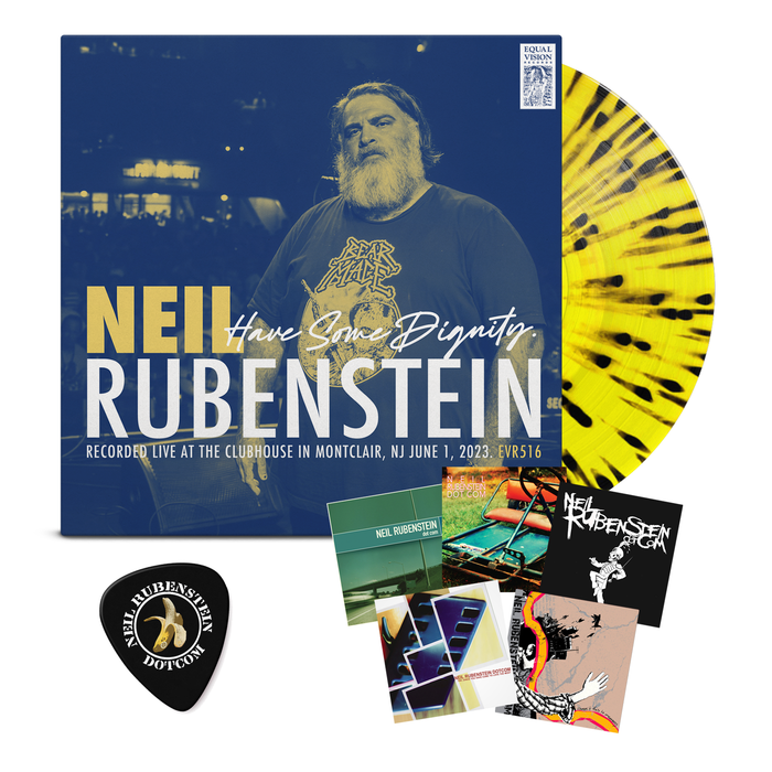 A yellow and black splatter vinyl peeks out of a mainly blue jacket that says "Neil Rubenstein: Have Some Dignity". Below this vinyl and jacket are multiple copies of imitations of famous records, but with the words "Neil Rubenstein" on them instead.