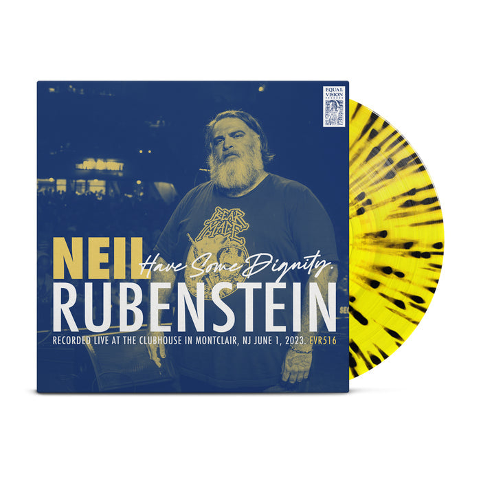 A yellow and black splatter vinyl peeks out of a mainly blue jacket that says "Neil Rubenstein: Have Some Dignity".