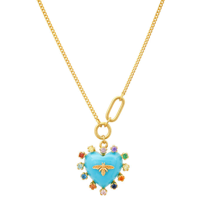 Gold heart pendant necklace with turquoise blue enamel bee and colorful bead halo