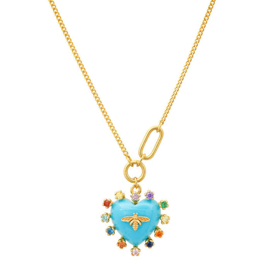 Gold heart pendant necklace with turquoise blue enamel bee and colorful bead halo