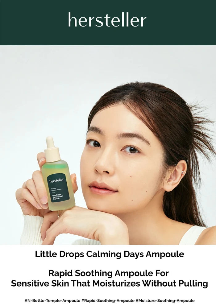 Woman holding a bottle of 'hersteller' Little Drops Calming Days Ampoule against a white background