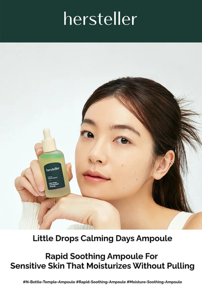 Woman holding a bottle of 'hersteller' Little Drops Calming Days Ampoule against a white background