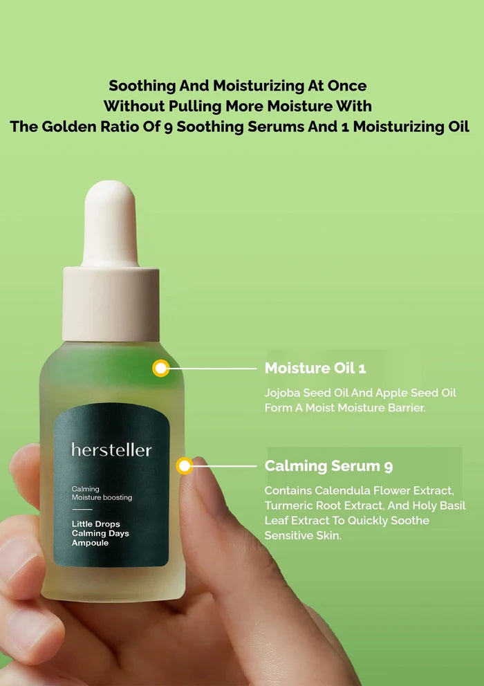 Hersteller Calming Moisture Ampoule held in hand with green background and product details.
