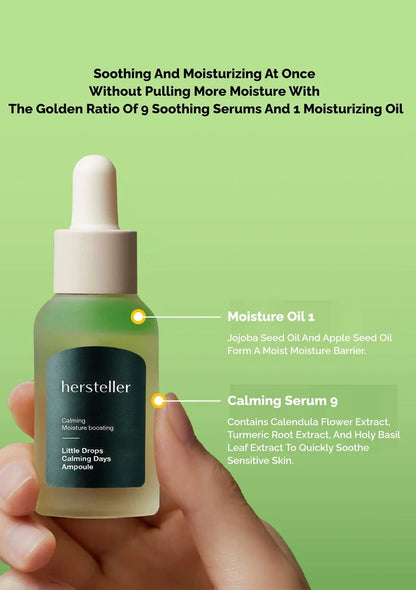 Hersteller Calming Moisture Ampoule held in hand with green background and product details.