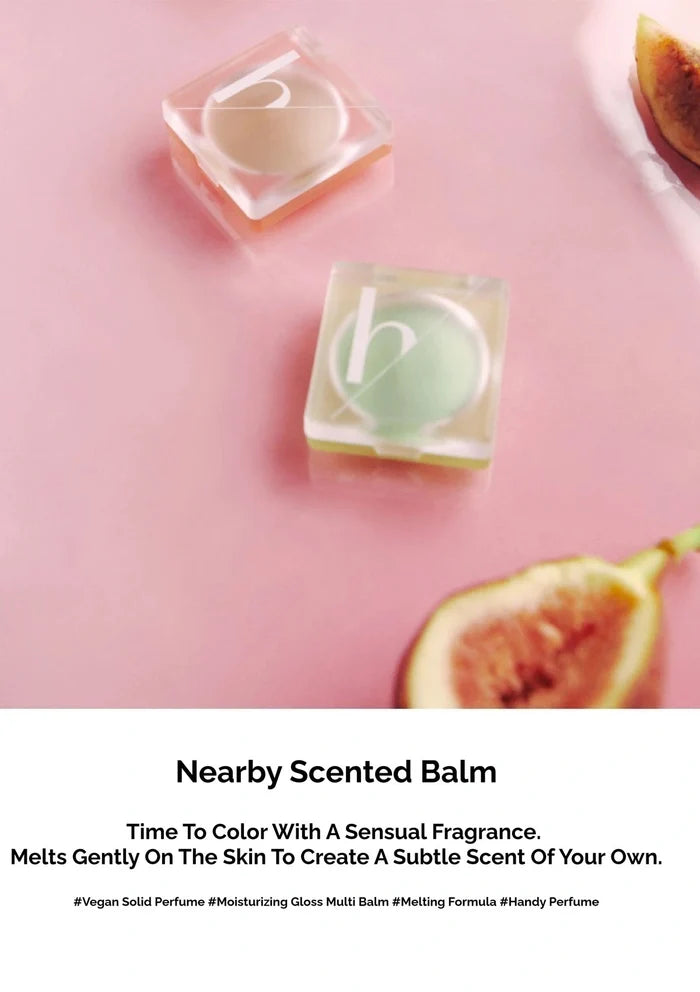 Two balm products with a fig on a pink background, featuring text about the product's features.