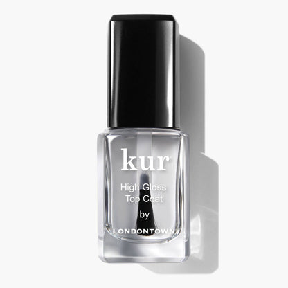 A clear glass bottle of LONDONTOWN High Gloss Top Coat with a black cap displays its brilliant shine, photographed against a white background.