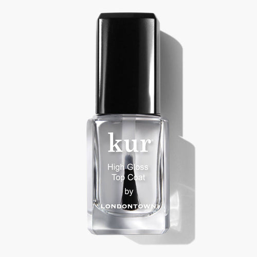 A clear glass bottle of LONDONTOWN High Gloss Top Coat with a black cap displays its brilliant shine, photographed against a white background.