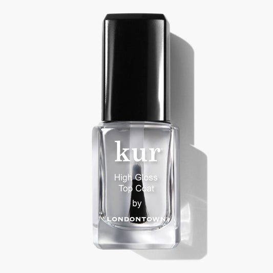 A clear glass bottle of LONDONTOWN High Gloss Top Coat with a black cap displays its brilliant shine, photographed against a white background.