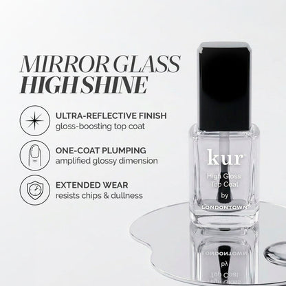 A LONDONTOWN High Gloss Top Coat bottle rests on a reflective surface, with text showcasing its glass shine, ultra-reflective finish, plumping effect, and long-lasting wear.