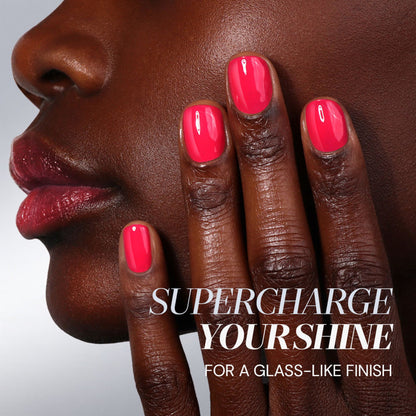 A person with dark skin shows glossy red nails near their face. Text reads: "Get a Glass-Like Finish—Supercharge Your Shine With LONDONTOWN High Gloss Top Coat.