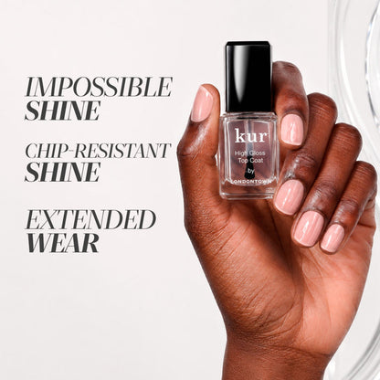 A hand with light pink nails holds a bottle of LONDONTOWN High Gloss Top Coat. Text highlights “impossible glass shine,” “chip-resistant gloss polish,” and “extended wear.”.