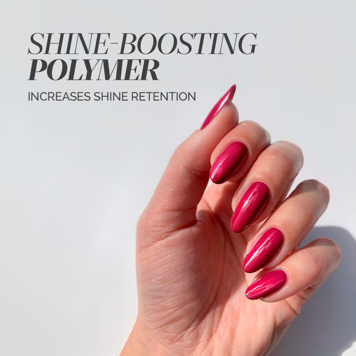 A hand with long, glossy pink manicured nails is shown against a light background, with text promoting LONDONTOWN High Gloss Top Coat for lasting glass-like shine.