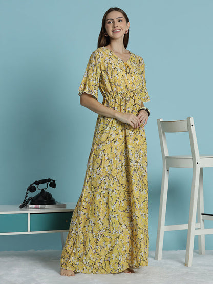 Floral print rayon mustard yellow nighty dress for women