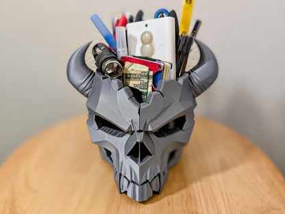 Horned Skull Desk Organizer - Gothic Catchall