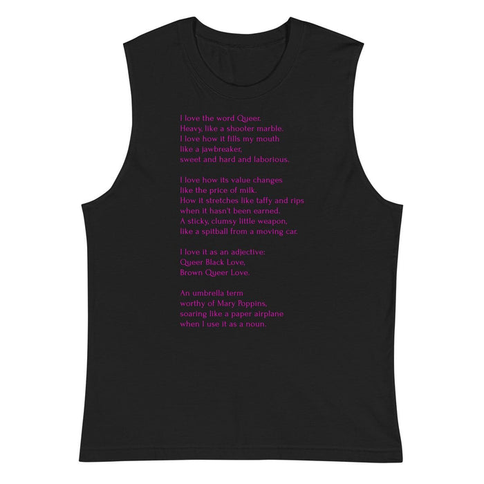 Black muscle tank featuring Leo Herrera's queer poem "Gumballs" printed in fuschia text, sold at Adam's Nest Provincetown