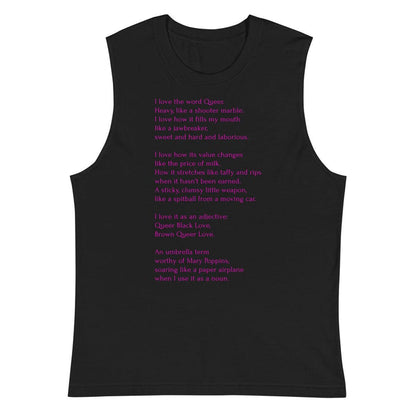Black muscle tank featuring Leo Herrera's queer poem "Gumballs" printed in fuschia text, sold at Adam's Nest Provincetown