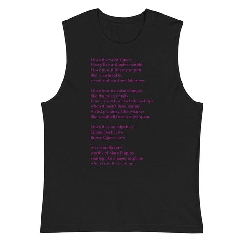 Black muscle tank featuring Leo Herrera's queer poem "Gumballs" printed in fuschia text, sold at Adam's Nest Provincetown