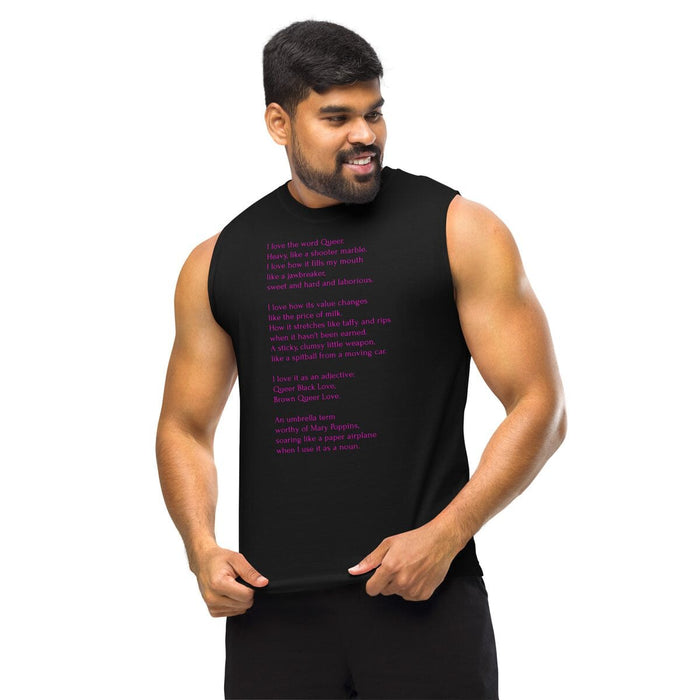 Model wearing black muscle tank featuring Leo Herrera's queer poem "Gumballs" in fuschia text, Adam's Nest Provincetown