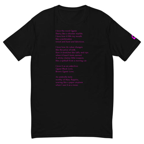 Black fitted t-shirt featuring Leo Herrera's queer poem "Gumballs" printed in fuschia text, sold at Adam's Nest Provincetown
